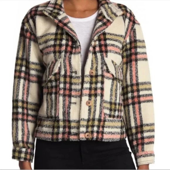 Bagatelle Checkered Teddy Jacket in Cream, Pink, and Black - Picture 1 of 8